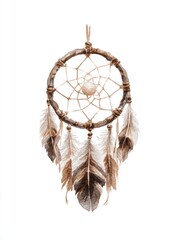 Brown and Beige Dreamcatcher with Feathers on White Background