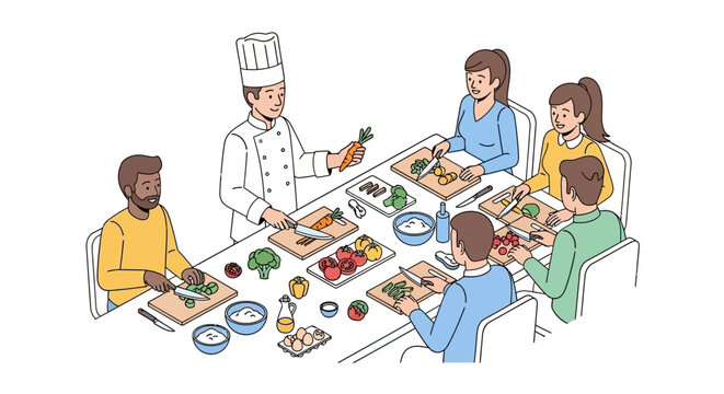 A professional chef teaching a diverse group of people how to cook in a culinary class illustration.