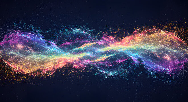 Entangled Colorful Energy Waves: A Dynamic Cosmic Particle Display with Vivid Shades and Glittering Sparkles Radiating Against a Deep Blue