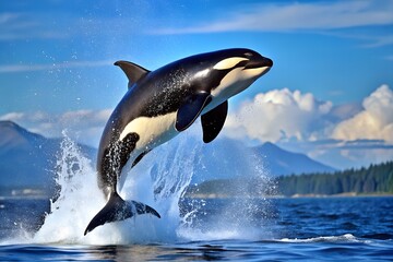 Fototapeta premium Killer Whale Breaching in Alaskan Waters with Mountains in the Background