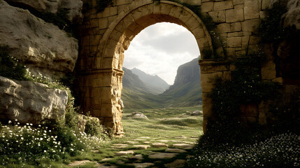 Fototapeta premium Ancient Archway View: A majestic stone archway frames a breathtaking view of rolling hills, creating a visual gateway into a landscape of tranquility and timeless beauty.