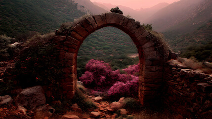 Ancient Arch Gateway: A weathered stone arch frames a breathtaking vista of rolling hills and vibrant flora, with the scene awash in the warm hues of dawn, inviting contemplation and introspection.
