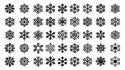 Snowflake vector set, decorative winter crystal patterns, unique black silhouette designs for Christmas, holiday, seasonal graphic elements