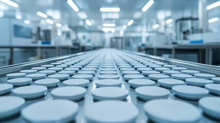 Fototapeta premium Compound Isolation Service Concept. Modern Pharmaceutical Manufacturing Facility with Tablet Production Line and Equipment