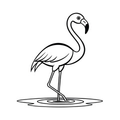 Elegant line art illustration of a greater flamingo gracefully standing in shallow calm water at sunrise