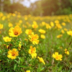 Obraz premium Sunlit field of vibrant yellow flowers, shallow depth of field