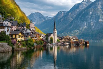 Fototapeta premium Alpine village by a lake, colorful houses, dramatic mountains