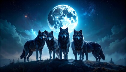 Wolves on moonlit hill