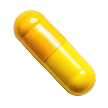 A vibrant yellow capsule, glossy and oblong, is presented against a stark black background, showcasing its smooth surface and distinct two-piece construction