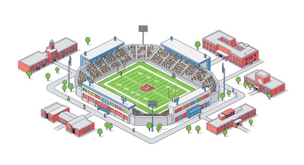 Isometric Football Stadium Illustration with Buildings and Trees, Detailed Design