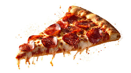 Pepperoni Pizza Slice with Melting Cheese and Dripping Sauce Splash, cut out transparent
