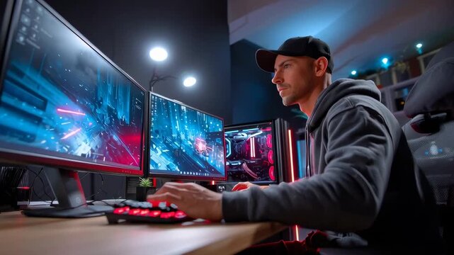 Gamer at a computer, video game screenshot