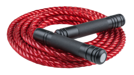 Red jump rope with black handles isolated on a transparent background, studio shot