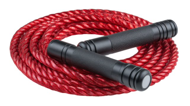 Red jump rope with black handles isolated on a transparent background, studio shot