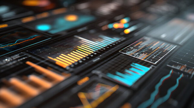 Data Visualization: A dynamic, up-close view of an array of data visualization dashboards filled with colorful graphs, charts, and analytical displays. - Powered by Adobe