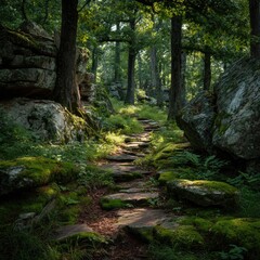 Fototapeta premium Sunlit stone path winding through a mossy forest