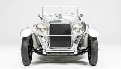 Front view of a polished vintage car with a shiny silver finish, featuring a prominent grille, round headlights, and classic windshield—exemplifying timeless automotive craftsmanship and elegance.