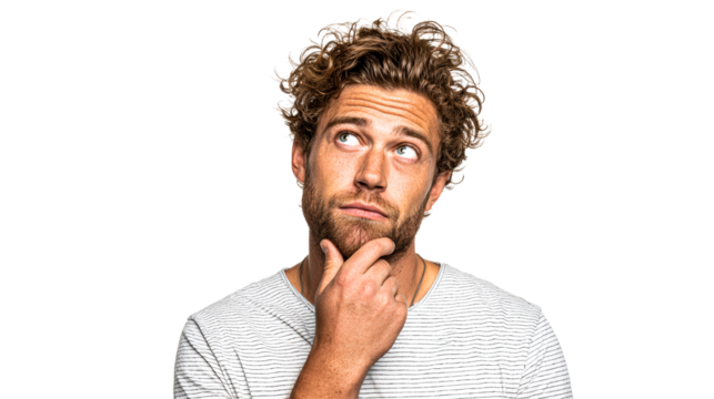 Man with curly brown hair and beard touching his chin, looking upwards thoughtfully, cut out transparent