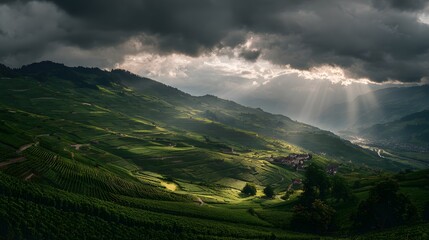 Sonnenstrahlen durch dramatische Wolken über grüner Hügellandschaft
