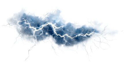 Intense electrical storm with branching lightning strikes through dark clouds, cut out transparent