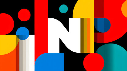 Vibrant Geometric Composition: A captivating display of intersecting shapes and bold colors forms an abstract letter 'N', creating a dynamic and visually striking composition.