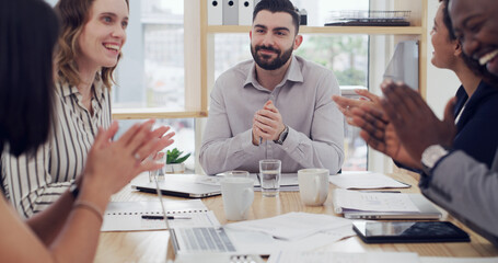 Applause, collaboration and meeting with business people in boardroom of office for celebration. Project management, success and teamwork with employee group clapping in workplace for achievement