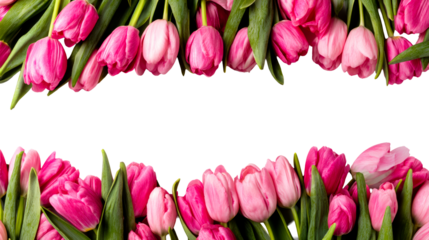 Assortment of Pink and Magenta Tulips Arranged on White Background Border, cut out transparent
