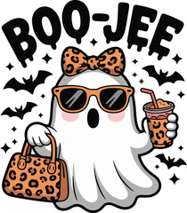 Boo-Jee – Chic Leopard Print Ghost with Sunglasses, Handbag and Drink Halloween Illustration