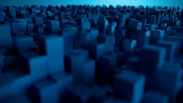 A stunning 3D rendering of a cityscape with numerous blue cuboid structures.