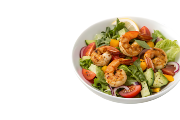 Plate of shrimp salad with tomatoes, cucumbers, and lettuce
