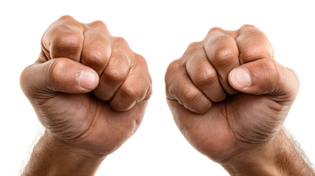 Man's clenched fists raised powerfully against a white background, cut out transparent