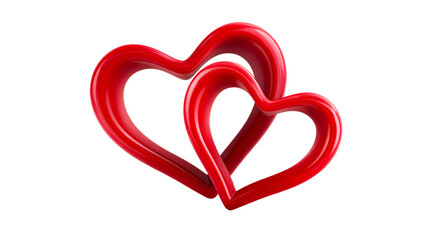 Two intertwined red glossy hearts linked together, cut out transparent