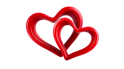 Two intertwined red glossy hearts linked together, cut out transparent