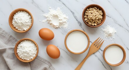 Baking ingredients on a marble table, including flour, eggs, milk, and oats, top view