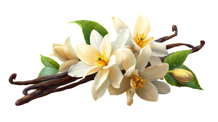 Vanilla Beans with White Orchids and Green Leaves, cut out transparent