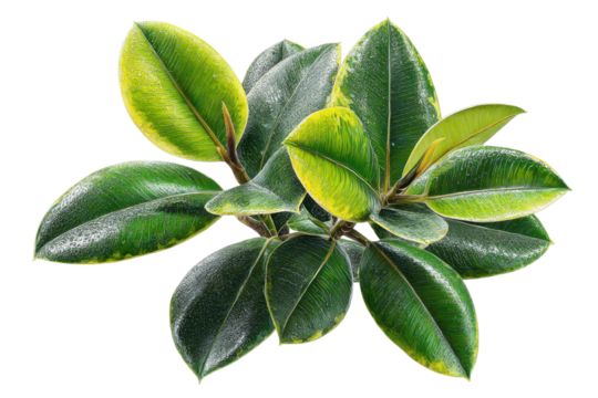 Elegant Rubber Plant with Variegated Leaves Against a Deep transparent backdrop