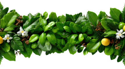Lush Green Garland: A vibrant garland comprised of various types of green leaves, delicate white flowers, and cheerful yellow fruit.