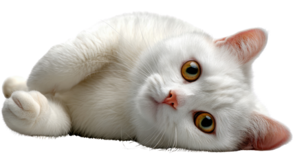 Cute white cat portrait: A charming portrait of a pristine white feline, exuding an aura of serenity with captivating yellow eyes and delicate pink nose and ears. It captures a moment of calm.