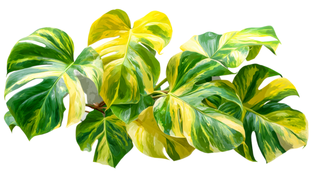 Tropical Variegated Monstera Plant Leaves with Green and Yellow Splatter, cut out transparent