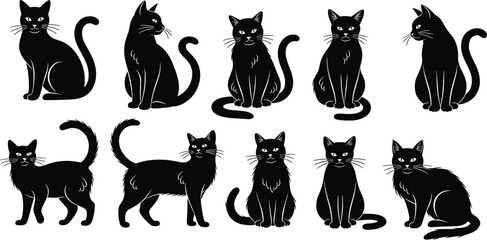 Black cat illustrations, various poses, expressive feline art, tail movement, cartoon style, unique expressions, digital drawing, animal character, pet design © Ponkaj Creatives