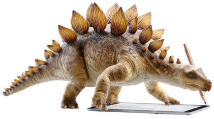 Stegosaurus with Pencil: A lifelike Stegosaurus, complete with bony plates and a determined expression, meticulously uses a pencil on a tablet.