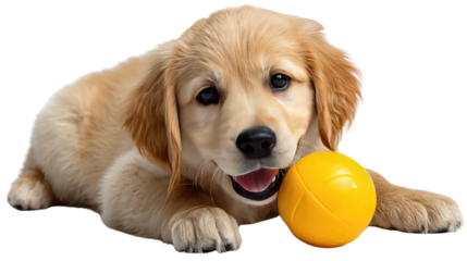 Playful Pup with Joy: A golden retriever puppy, exudes pure happiness as it gazes at the viewer. Next to it lays a bright yellow ball, symbolizing endless fun and games.