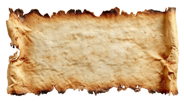 Ancient Parchment: A close-up of an old, weathered parchment scroll, its edges charred by the passage of time, a symbol of historical documentation and antique heritage.
