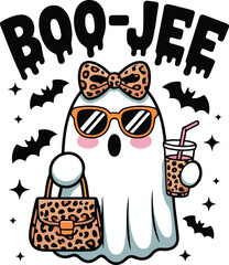 Boo-Jee – Chic Leopard Print Ghost with Sunglasses, Handbag and Drink Halloween Illustration