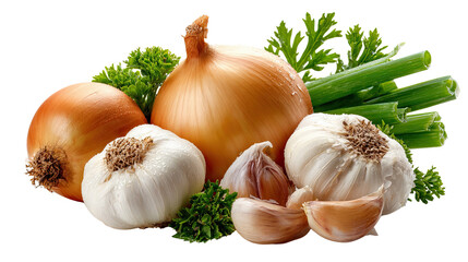 Fresh and Aromatic: A collection of vibrant onions and garlic cloves with fresh parsley, illustrating the essence of wholesome food in a photo-realistic presentation.