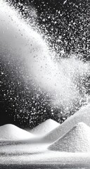 White powder cascading over mounds, black background