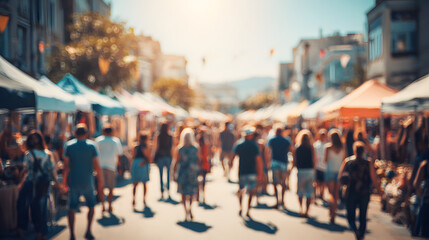 A lively outdoor summer market with blurred people and colorful tents under bright sunlight, creating a festive atmosphere.