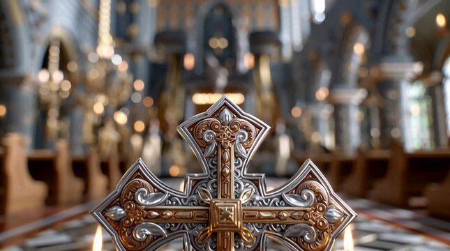 Processional cross in candlelit aisle, Processional cross in candlelit aisle photography,  detail of an old church
