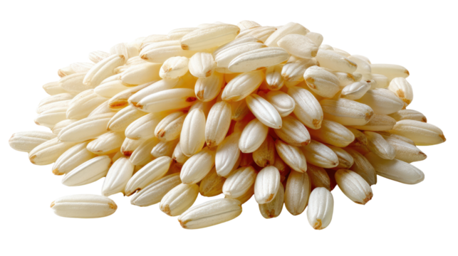 Raw Rice Heap: A heap of uncooked, creamy-white rice grains, a visual symphony of natural form and culinary potential.