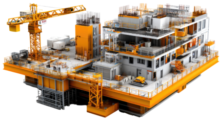 Construction Site Overview: A vibrant construction site showcases an architectural marvel in the making, featuring towering cranes, unfinished building structures.